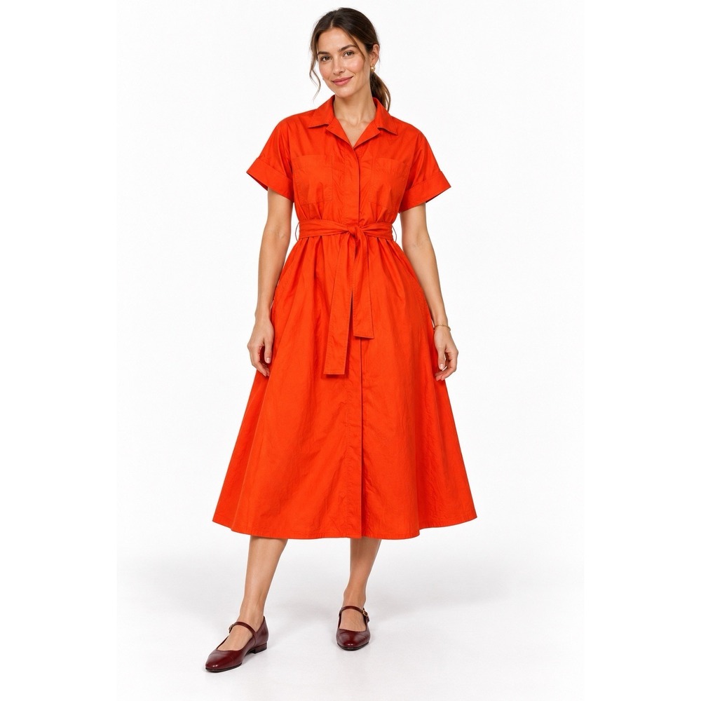 NWT Banana Republic Factory Ojai Orange Cotton  Belted Midi Shirt Dress Size S